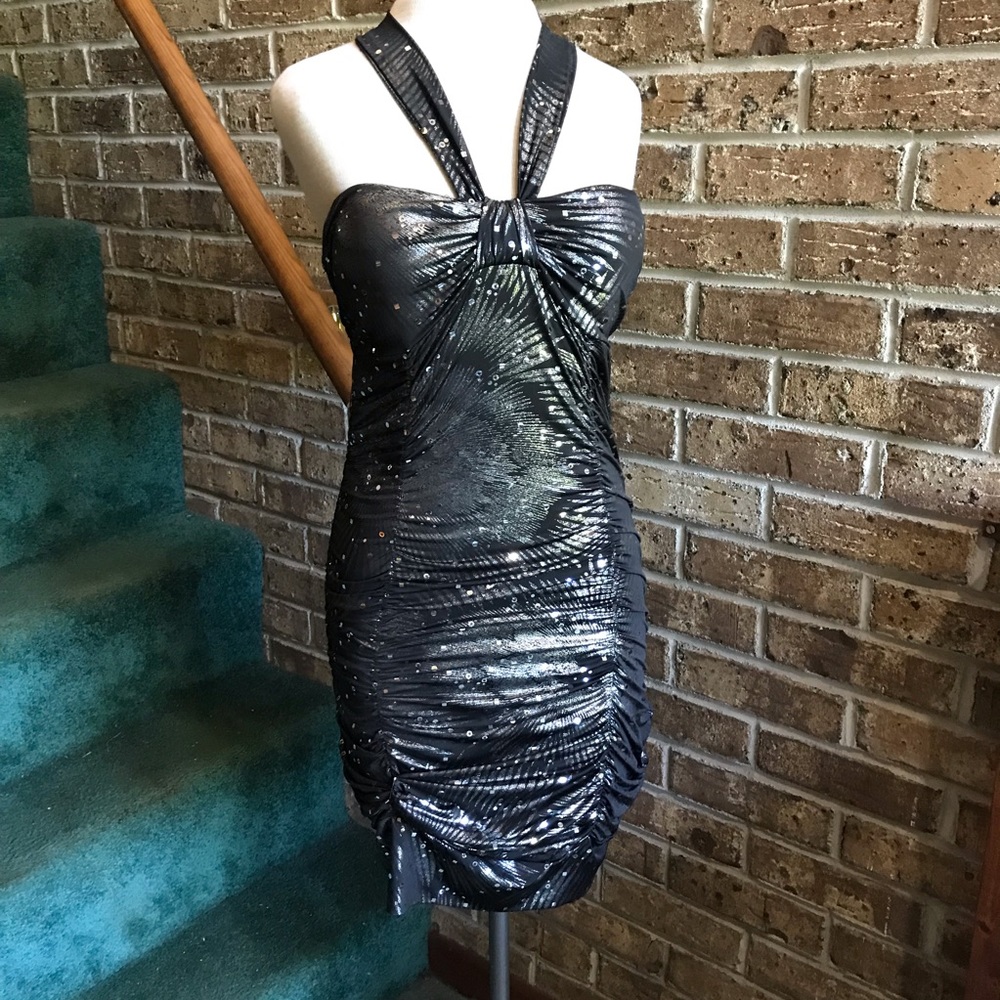 VTG Y2K 90s Sparkly Ruched Open Back Bodycon Going Out Dress